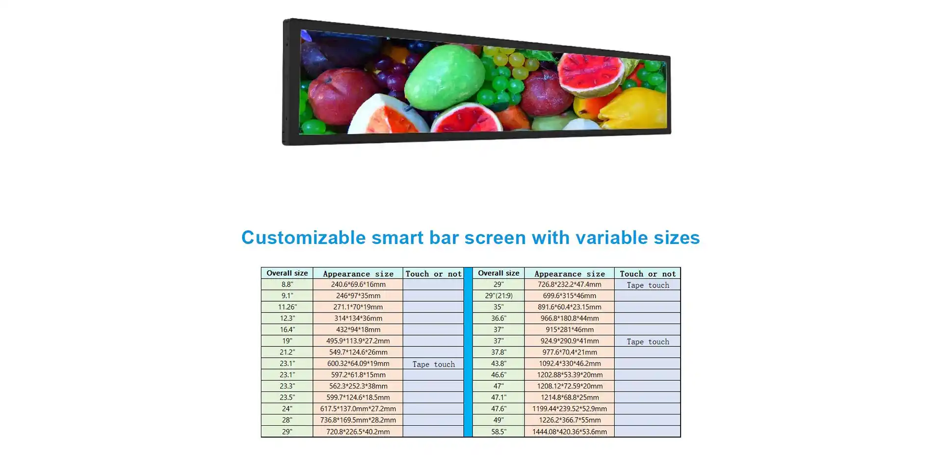 Customizable Smart Bar Screen: Variable Sizes
