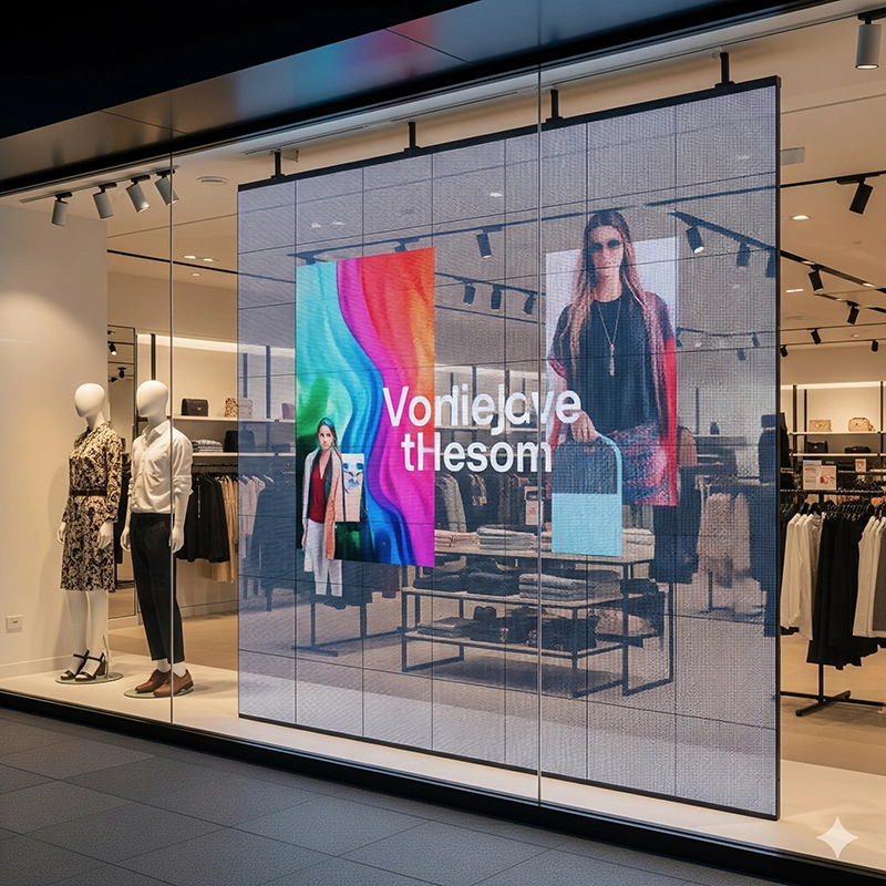 Transparent LED video wall for retail storefront display
