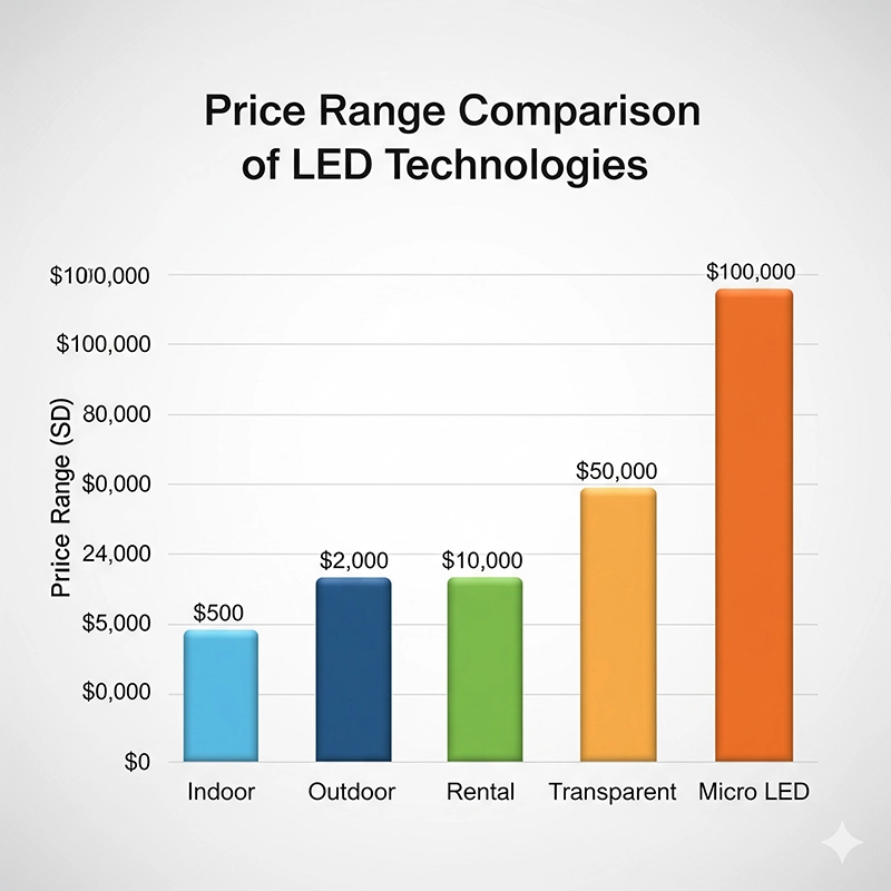 Price comparison of indoor, outdoor, rental, transparent, and micro LED displays in 2025