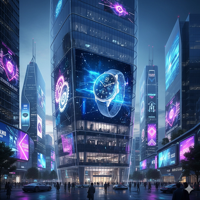 Transparent flexible LED display on building facade