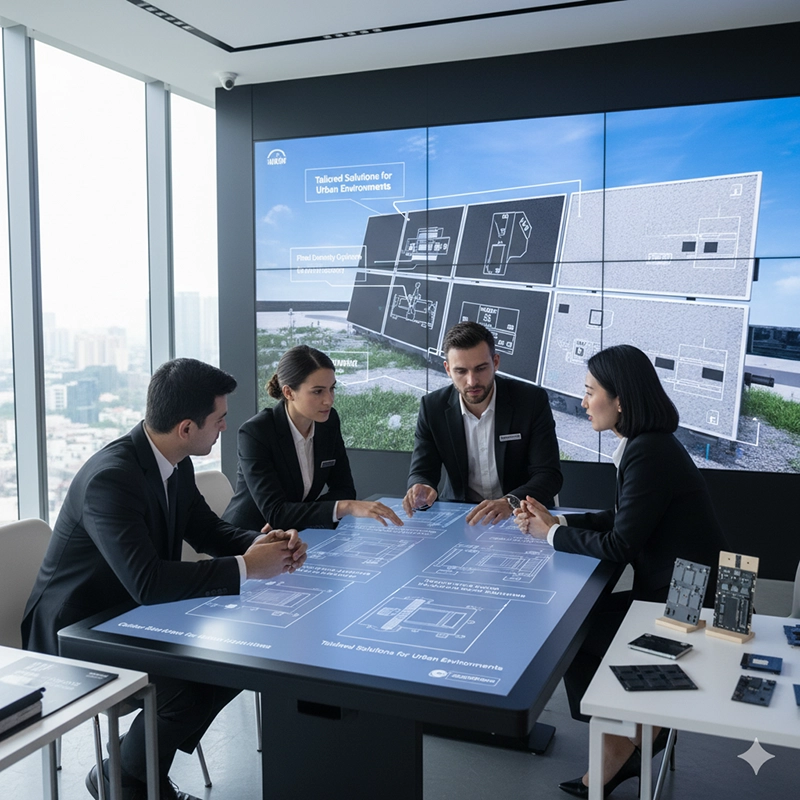 supplier team reviewing LED display panel customization options with client