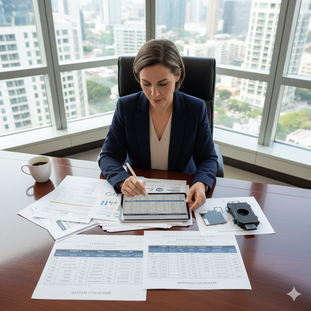 business owner evaluating LED display panel quotes and comparing prices