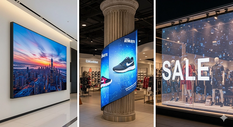 Fixed, flexible, and transparent LED displays used in commercial and retail environments