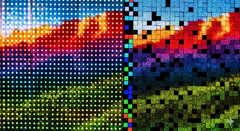 Close-up of indoor LED display showing pixel pitch and high-resolution clarity