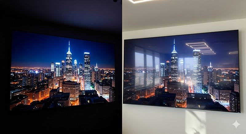 Side-by-side comparison of indoor LED displays in low and bright lighting environments
