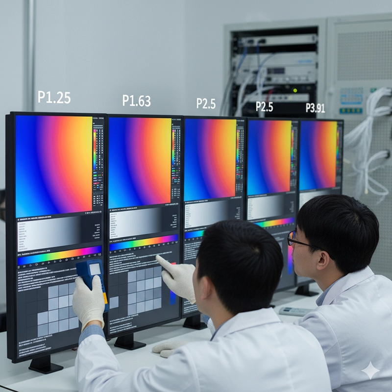 LED display panels with different pixel pitch for virtual production