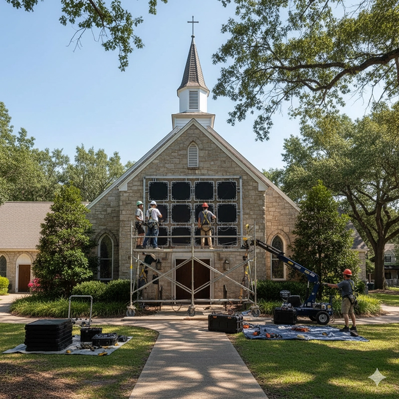 Installation of modular LED wall panels for a church stage setup