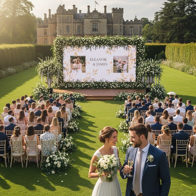 Outdoor LED Display at garden wedding ceremony