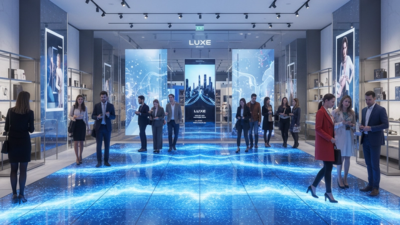 Retail LED floor display with transparent wall screen
