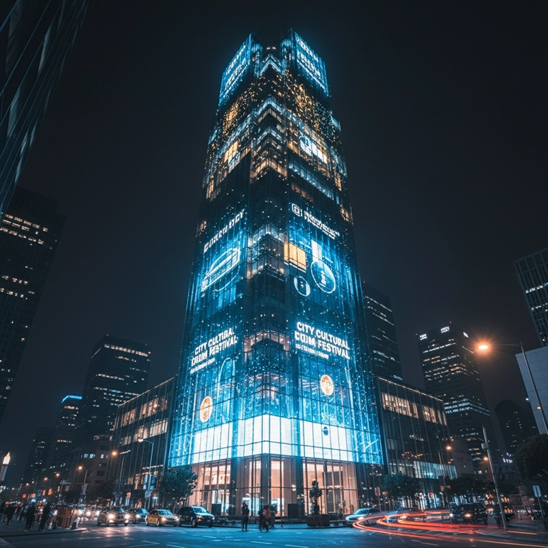 outdoor transparent LED video wall on building