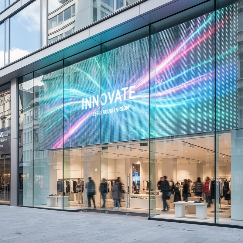 Transparent LED display on a storefront glass