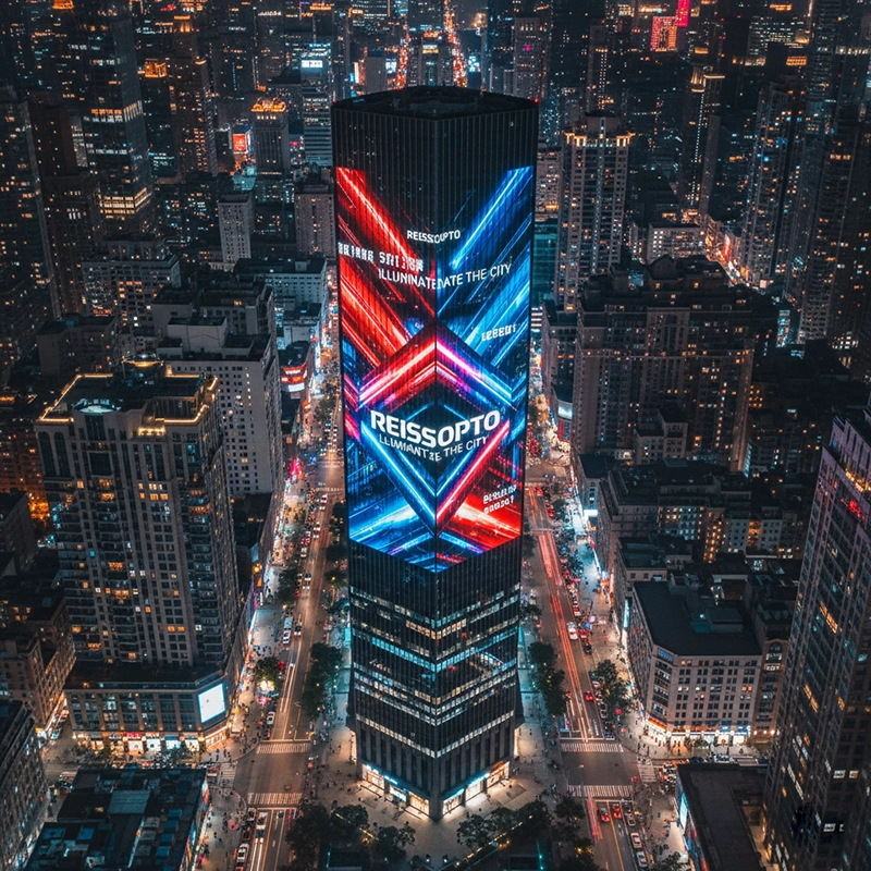 Reissopto outdoor LED display on city building facade at night