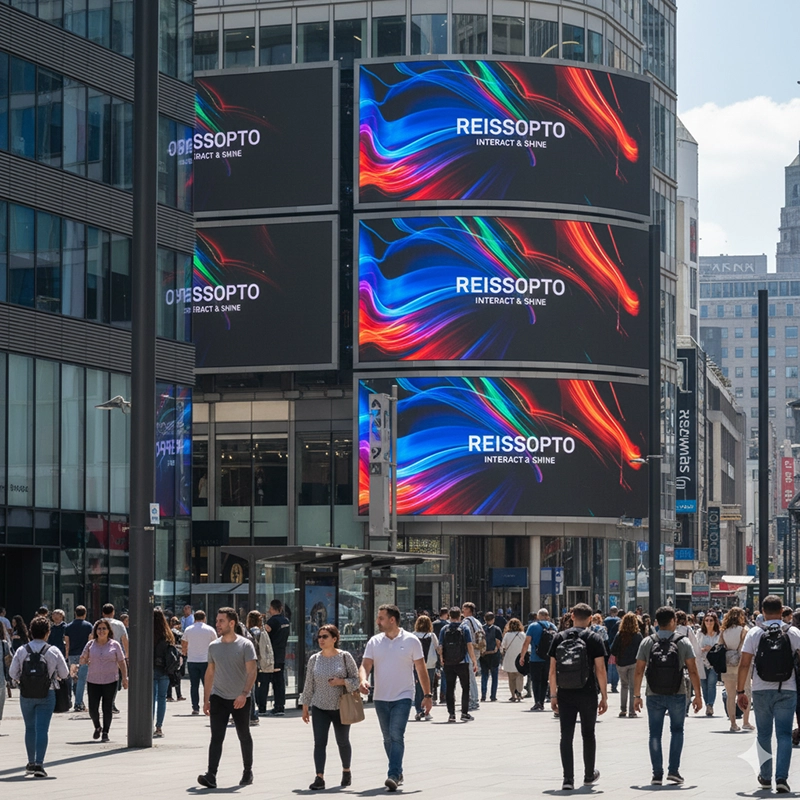 Outdoor LED advertising displays by Reissopto in city plaza