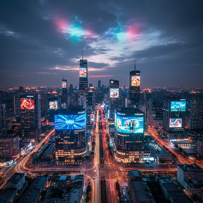 Panoramic city skyline illuminated by Reissopto outdoor LED displays