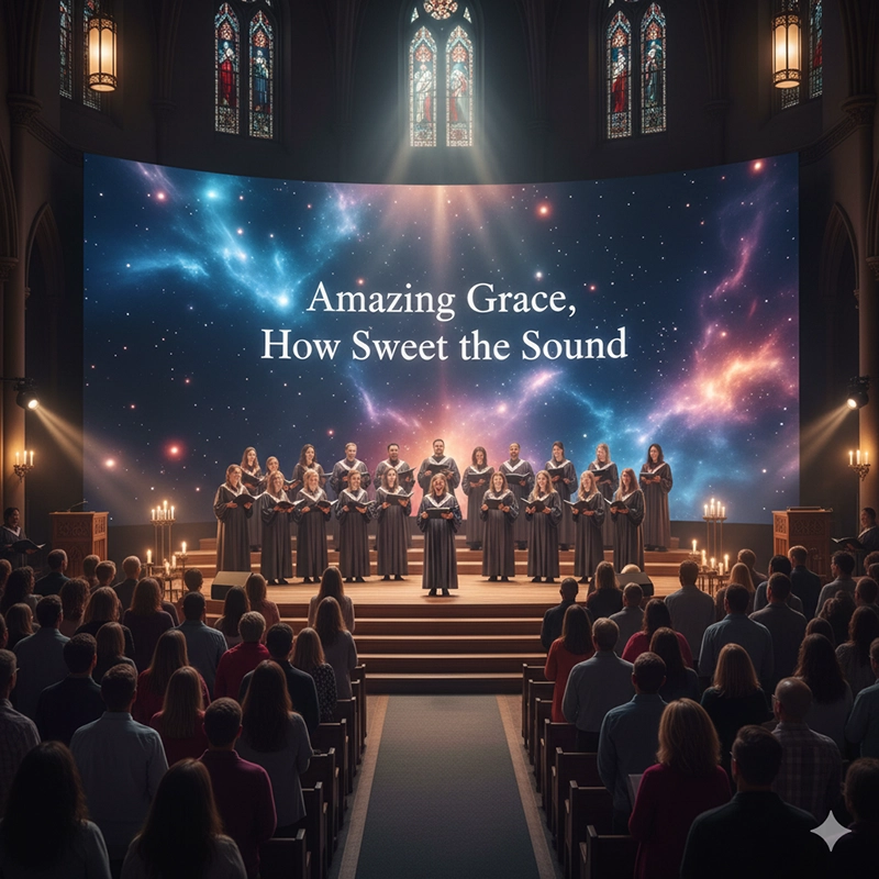 Church LED wall displaying worship lyrics to support congregational singing