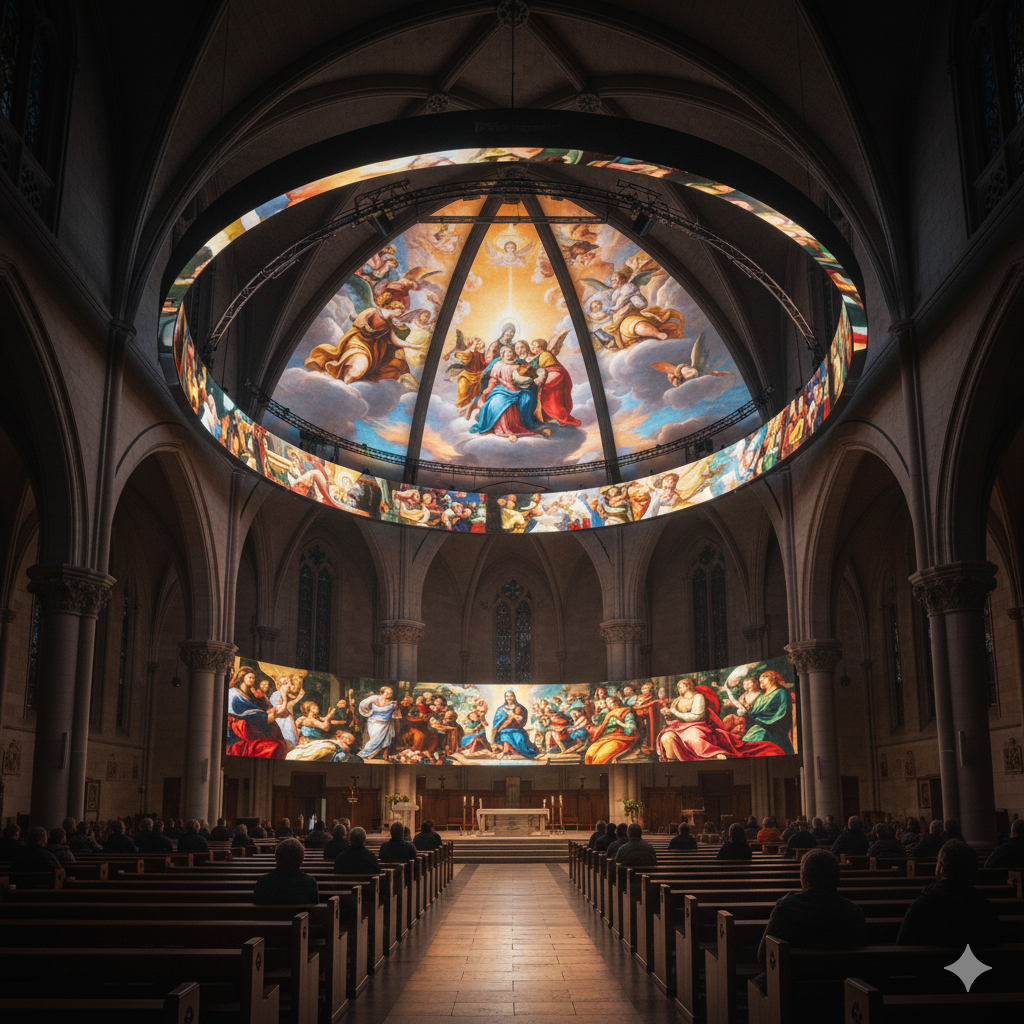 Reissopto church LED display in main sanctuary showing scripture and worship lyrics